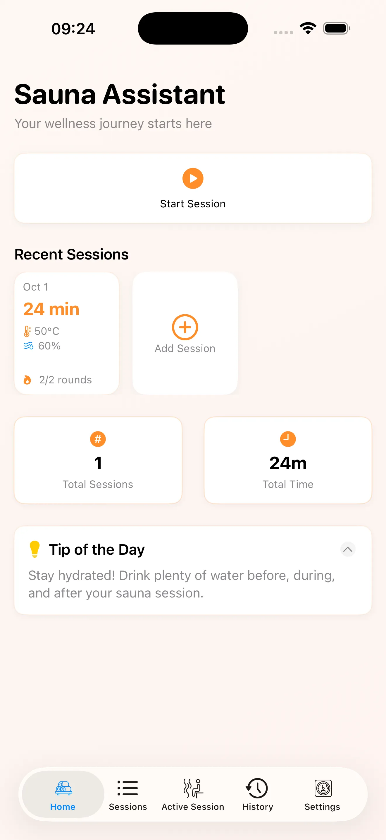 Sauna Assistant Home View showing current session status